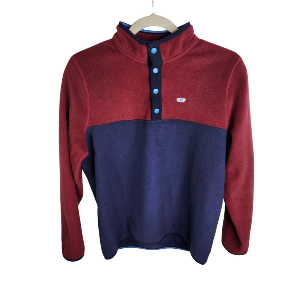 Vineyard Vines Harbor Fleece Quarter Snap Boys' XL 18 Crimson Navy